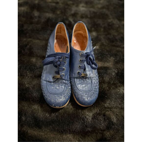 Vtg Famolare Hi There Blue Lace Up Shoes Italy 8 Narrow 1970s - Picture 1 of 6